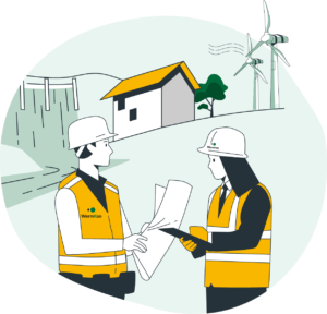 Illustration på två personer i skyddskläder framför ett hus och vindkraftverk.